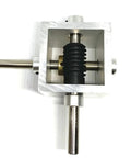 Front view of PGFUN 10:1 right-angle worm gearbox with 8mm shaft in aluminum housing.