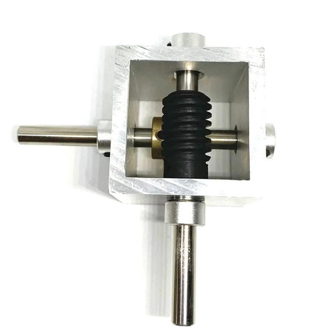 Front view of PGFUN 10:1 right-angle worm gearbox with 8mm shaft in aluminum housing.
