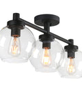 Three Light Globe Ceiling Light Fixture Industrial Flush Mount Vintage Glass Shade Ceiling Lamp For Dining Room Living Room Kitchen Island Hallway Bathroom, showing antique black base and clear glass globes with exposed bulbs
