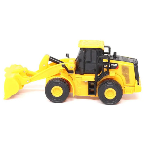 1:64 Scale RC Cat 950M Wheel Loader Toy Truck - Battery Powered, Plastic Construction, Realistic Yellow Beefy Mini Rig For Collectors And Kids, Model 26003, side view