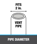 Diagram showing a 2-inch vent pipe diameter suitable for Rain Collar 2 Inch No Calk Roof Flashing Carded For Quick Water Shield Over Pipe Rubber Collar