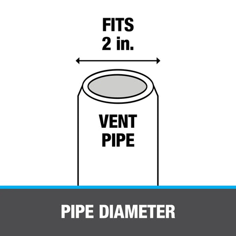 Diagram showing a 2-inch vent pipe diameter suitable for Rain Collar 2 Inch No Calk Roof Flashing Carded For Quick Water Shield Over Pipe Rubber Collar