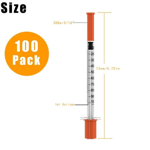 Disposable Syringes With Needle 1ml 30G 5 16 Inch Individually Wrapped 100 Pack For Lab Use Lab Grade image showing syringe size and scale