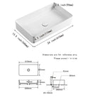 24 Inch Countertop Vessel Sink For Bathroom, Modern Rectangular White Ceramic Basin, dimension details, Above Counter Design