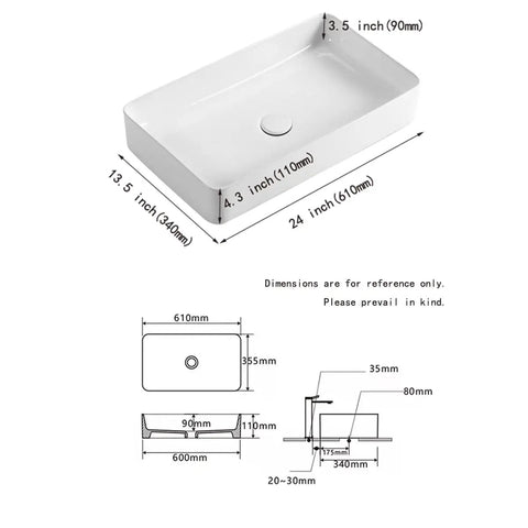 24 Inch Countertop Vessel Sink For Bathroom, Modern Rectangular White Ceramic Basin, dimension details, Above Counter Design