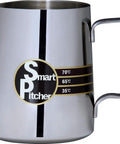 Espresso Milk Frothing Pitcher With Built In Thermometer And Thermo Indicator Color Coding Stainless Steel 20 Oz Side View