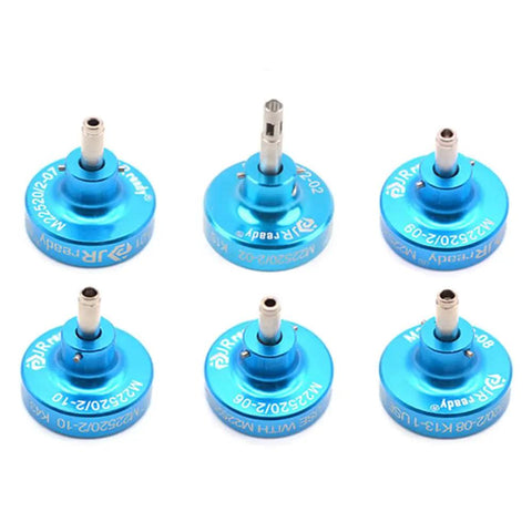 Set of six blue adapters for M22520 2 01 Series Positioner Kit With ST5114 1 P Series Adjustable Positioner, top view.