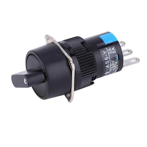 Universal Rotary Changeover Switch 16mm Panel Mount Cam Selector with latching push button, side view, 2 or 3 position handles.