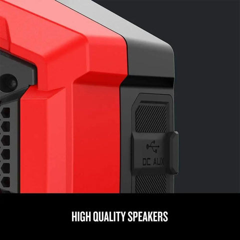 Close-up of red V20 Wireless Bluetooth Speaker with dual 3-inch stereo drivers, showing power and auxiliary input ports.