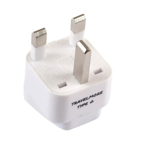 Two Pack UK Travel Adapter With Type G Plug, Grounded Outlet Converter For United Kingdom Ireland Hong Kong Great Britain England Scotland London Dublin And More, Universal Input For Worldwide Device Charging On The Go, single adapter angle view