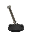 Beefy Adjustable Lathe Leveling Feet With Rock Solid Swivel Base And Articulating Legs M14 Thru M24 Threads close-up view of threaded bolt and base.