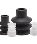 High Quality Single Pneumatic Vacuum Sucker With Three Layer PCG Rubber Nozzle For Industrial Manipulators And Auto Parts Handling. Black and transparent rubber nozzles in various sizes.
