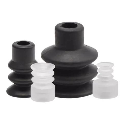 High Quality Single Pneumatic Vacuum Sucker With Three Layer PCG Rubber Nozzle For Industrial Manipulators And Auto Parts Handling. Black and transparent rubber nozzles in various sizes.