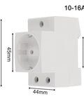 Rock Solid DIN Rail AC Socket Featuring Flame Retardant Nylon Housing And Built In Safety Shield For Steady Industrial Power Panels, side view with dimensions.