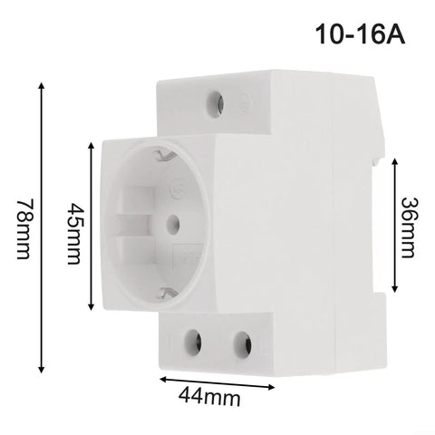 Rock Solid DIN Rail AC Socket Featuring Flame Retardant Nylon Housing And Built In Safety Shield For Steady Industrial Power Panels, side view with dimensions.