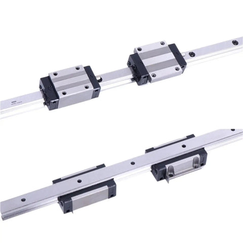 Precision Linear Motion Guide Slider Featuring Rock Solid Square Flange Construction And Sweet Glide Action shown from top and side angles.