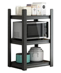 Flat Out Sturdy Heavy Duty Storage Shelf Rack Adjustable Multi Tier Metal Shelving Unit displaying a microwave and kitchen storage containers.