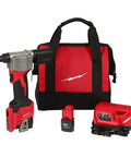 Top Grade 2550-22 M12 Cordless Rivet Gun Kit Perfect For Milwaukee Tools Pulls Stainless And Aluminum Up To 3/16 Inch With Quick Charge And Red Black Finish, red cordless rivet gun kit with bag, battery, and charger