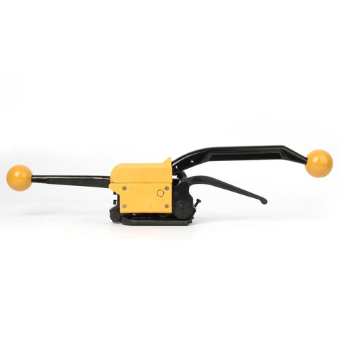 Hefty No Fuss Sealless Steel Strapping Tool And 3 In 1 Manual Metal Banding Machine depicted from the side with yellow grips.