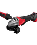 Top Tier Cordless Angle Grinder With Lightning Fast Dual Trigger Brake Plus Smart Kickback Shield Built For Rough Day Jobsite Tasks On Four Half Or Five Inch Cutting Wheels - side view with red and gray design.