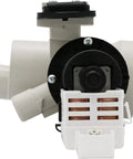 Washer drain pump assembly with white plastic housing, black round motor, and copper windings (front view)