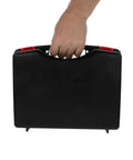 Hand holding the Kickass Portable Plastic Toolbox Organizer With Secure Lid For Hand Tools And Diy Crafts, sturdy black design.