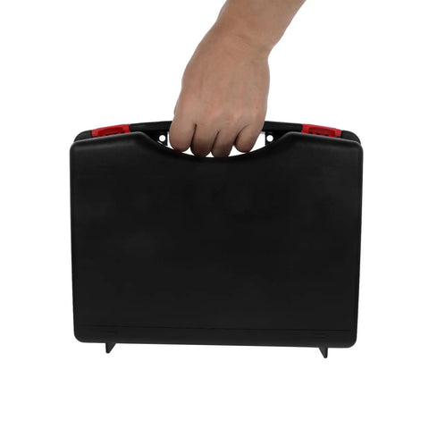 Rock Solid Portable Plastic Tool Box Organizer With Snazzy Ergonomic Handle for hand tools in a person's hand.