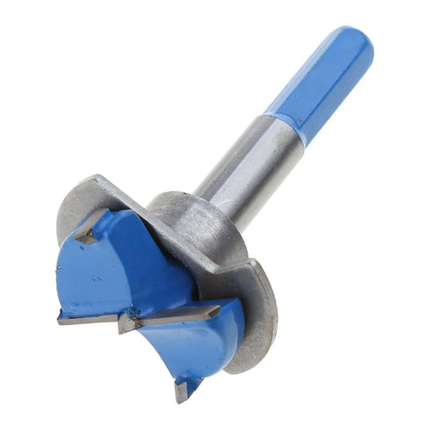 Hinge boring bit for 35mm hinges; blue-coated cutting head and metal shank