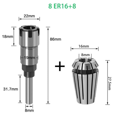Heavy Duty 8 Millimeter Extension Rod Fits 1 4 Inch And 1 2 Inch Shank ER Router Bits For Woodworking Engraving Mills With High Carbon Steel Build, showcasing dimensions and components.