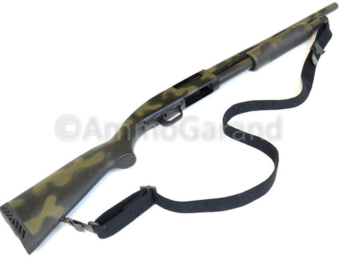 Camo rifle with attached M1 Garand USGI Pattern Web Sling Two Point Black Cotton Made In USA For M1 Garand Rifles