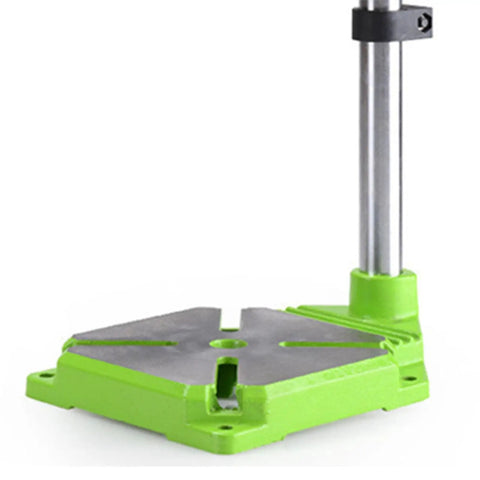 Ycauty Adjustable Mini Bench Drill Press Stand With 360 Degree Rotation Electric Rack Holder For Home Use Steel And Plastic Projects Height Flexible Clamp Tool Accessory Solid Build base with stainless steel column and green plastic components.