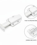 Handle-Free Cabinet Door With Push To Open Rebounder Latch, Durable ABS Plastic Catch In White, 1 Pack displayed with open mechanism