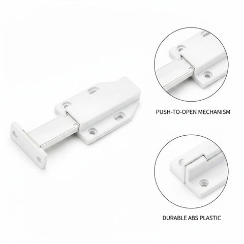 Handle-Free Cabinet Door With Push To Open Rebounder Latch, Durable ABS Plastic Catch In White, 1 Pack displayed with open mechanism
