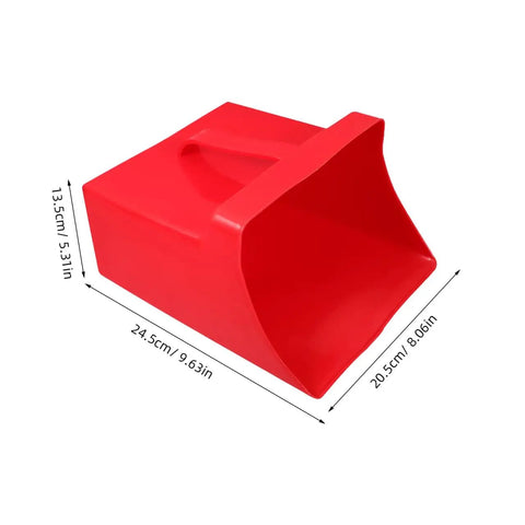 Red plastic handheld dustpan and scoop shovel, wide 9.65 by 8.07 inches, ergonomic design, grab and go cleanup for home and outdoor.