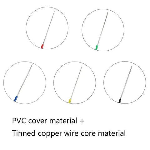 Five Pack 26Ft Copper Hookup Wire Kit 24 AWG Solid Core Jumper Wires Tinned Copper Color Coded For Breadboarding And DIY Electronics Projects Great For Low Voltage Wiring, displaying five color-coded wires in circles.