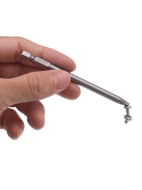 Hand holding a 9 Pack One Quarter Inch Hex Shank Long Magnetic Square Head Screwdriver Bits Set for Pocket Hole Jigs, S2 steel.