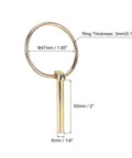 Four Piece 1/4 Inch By 2 Inch Linch Pins With Ring Set For Boat Kayak Canoe Trailer Tractor And Trolley, gold finish, side view.