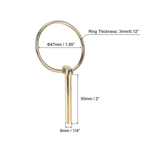 Four Piece 1/4 Inch By 2 Inch Linch Pins With Ring Set For Boat Kayak Canoe Trailer Tractor And Trolley, gold finish, side view.