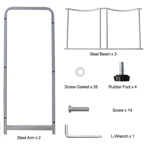 Assembly parts for Heavy Duty 3 Tier Water Jug Rack For 5 Gallon Jugs, including steel arms, beams, screws, and wrench.
