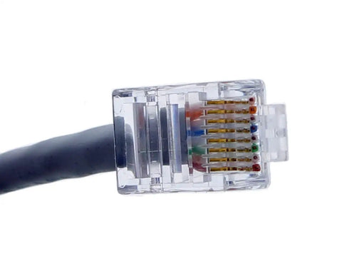 Close-up of RJ45 plug used with Telemaster Modular Plug Crimp Tool For CAT5e And CAT6 Data And Voice Cables All In One Crimper