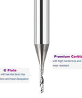 Close-up of SpeTool O-Flute router bit tip; 1/4 in shank, 1/16 in cutting diameter, solid carbide upcut end mill.