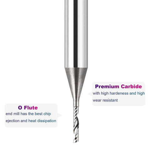 Close-up of SpeTool O-Flute router bit tip; 1/4 in shank, 1/16 in cutting diameter, solid carbide upcut end mill.