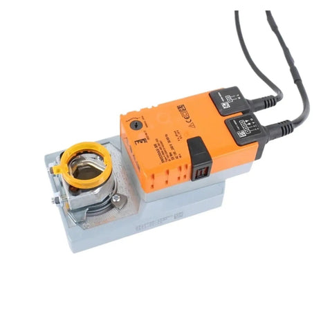 Heavy Duty Modulating Damper Actuator Featuring 20 Nm Torque For HVAC Applications mounted on a silver base with cables.