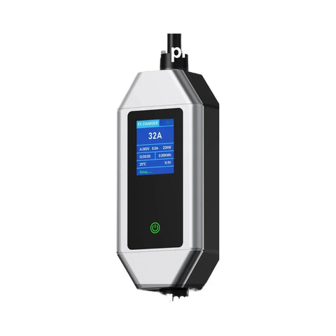 Badass Hella Reliable 22kW 32A Three Phase Portable EV Charger Plug And Play Electric Vehicle Home Charging Station front view with digital display.
