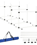 Indoor Outdoor Dog Agility Jump Set With 4 Bar Hurdles, shown with carrying bag and adjustable poles for training