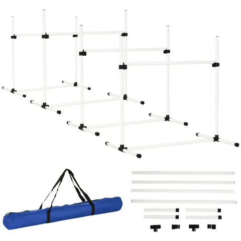 Indoor Outdoor Dog Agility Jump Set With 4 Bar Hurdles, shown with carrying bag and adjustable poles for training