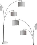 Bowery Three Arm Arc Floor Lamp With Adjustable Shade Arms, 74 Inches Tall, Brushed Steel Finish, White Marble Base, Three 100W Incandescent Bulbs Or 26W CFL, Gray