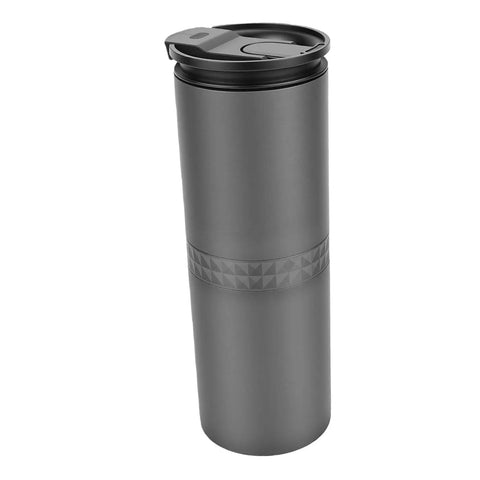 Grab Fresh Brew On The Fly With This Portable All In One Coffee Grinder And Brewer Featuring A Rechargeable Battery Adjustable Settings And Cordless Design Perfect For Travel Camping Or Office Use in sleek black stainless steel travel mug.