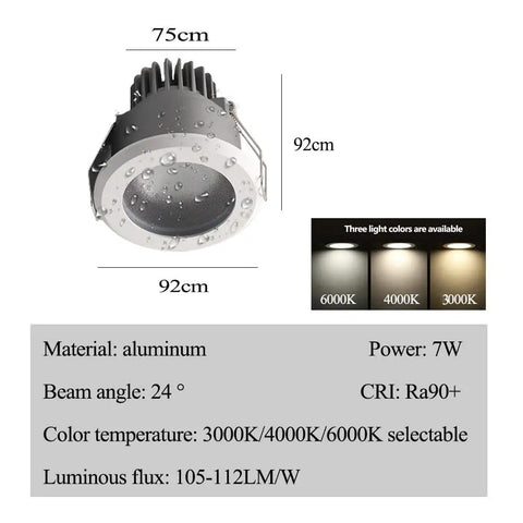 Xghwnpd 7W Waterproof Led Downlight - Recessed Indoor Lighting for Bathroom, Kitchen, and Shower Room | 1/2/7/10 Pack,7Pcs-6000K,2Pcs-4000K shown with specs and light colors.