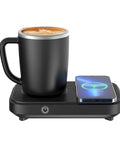 No Fuss Temperature Control Coffee Mug With 15W Wireless Charging Pad on dock with coffee, black color, desk essential.